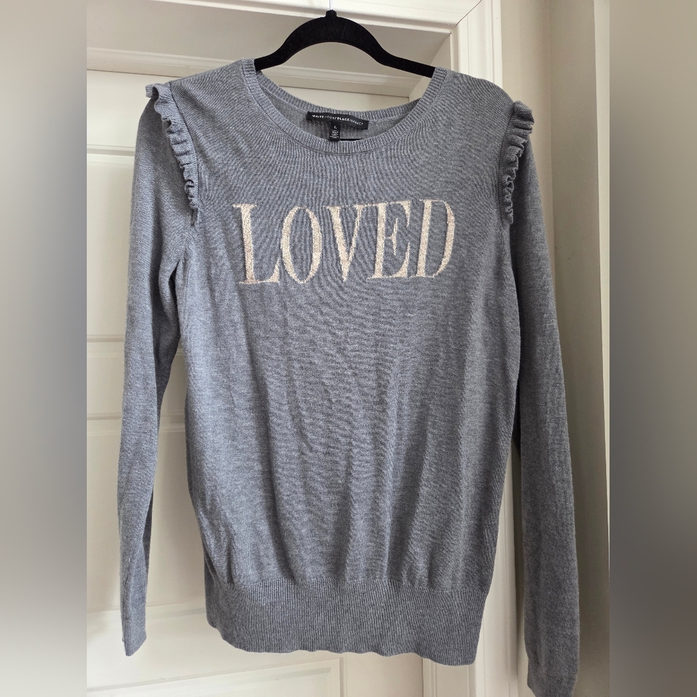 White House Black Market Gray Sweater with 'LOVED' Embroidery